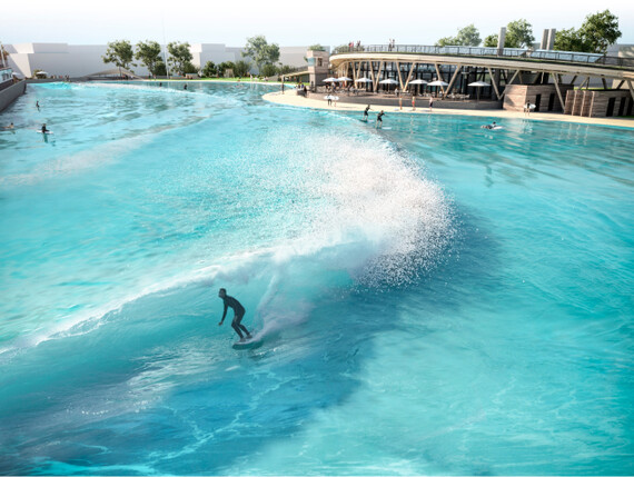 Visualisierung einer Welle mit Surfer im Wave Pool