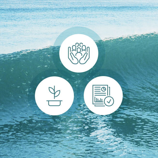 Image of a wave with three round sustainability symbols