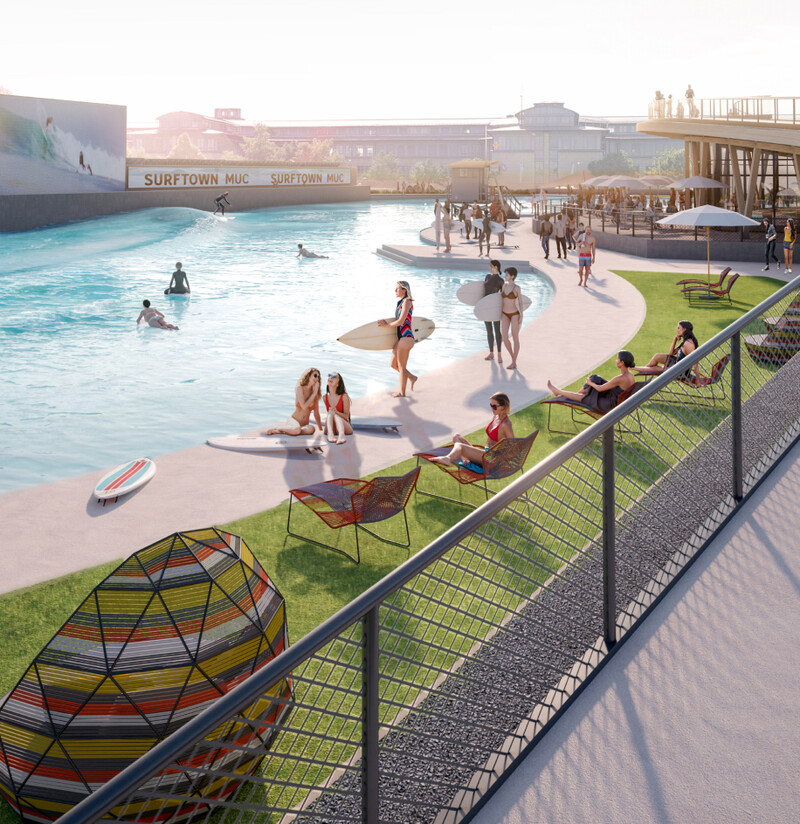 Visualisation of people in loungers and with surfboards in front of the wave pool