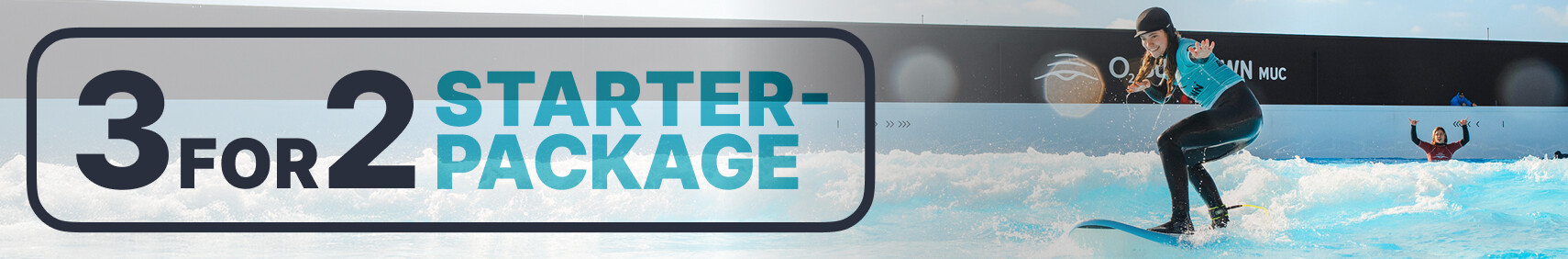 Promotional banner at the surf park near Munich showing the autumn offer for beginner surf sessions.