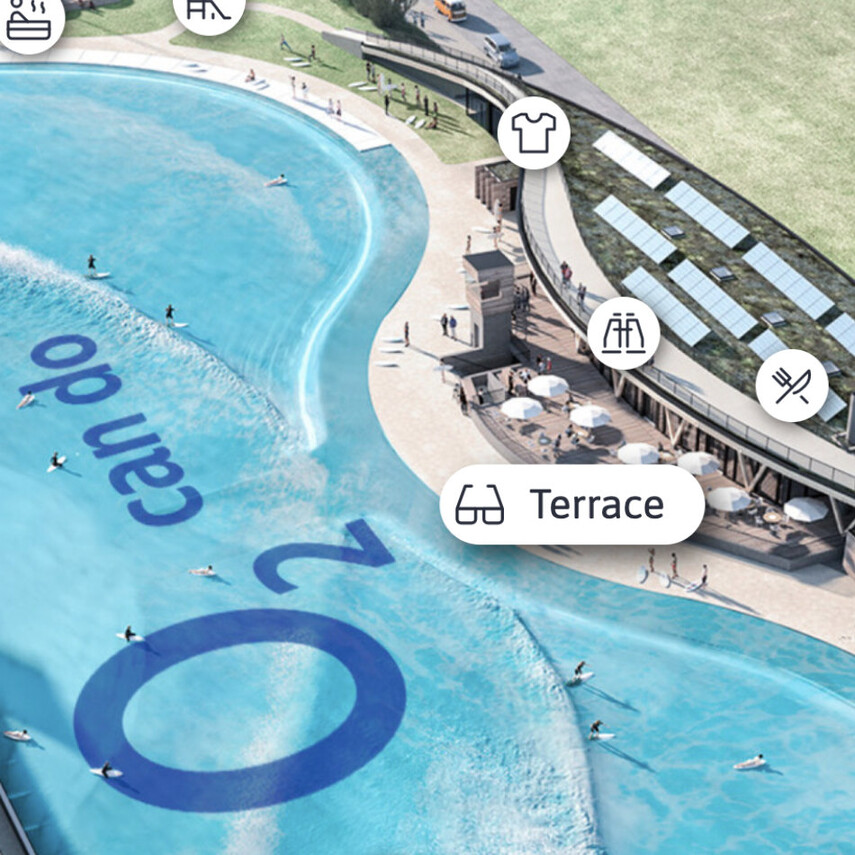 Visualisation of the wave pool and points of interest in the vicinity of o2 SURFTOWN MUC with symbols