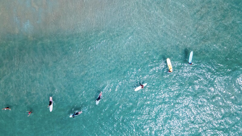 Bird's eye view of some people with surfboard in the water